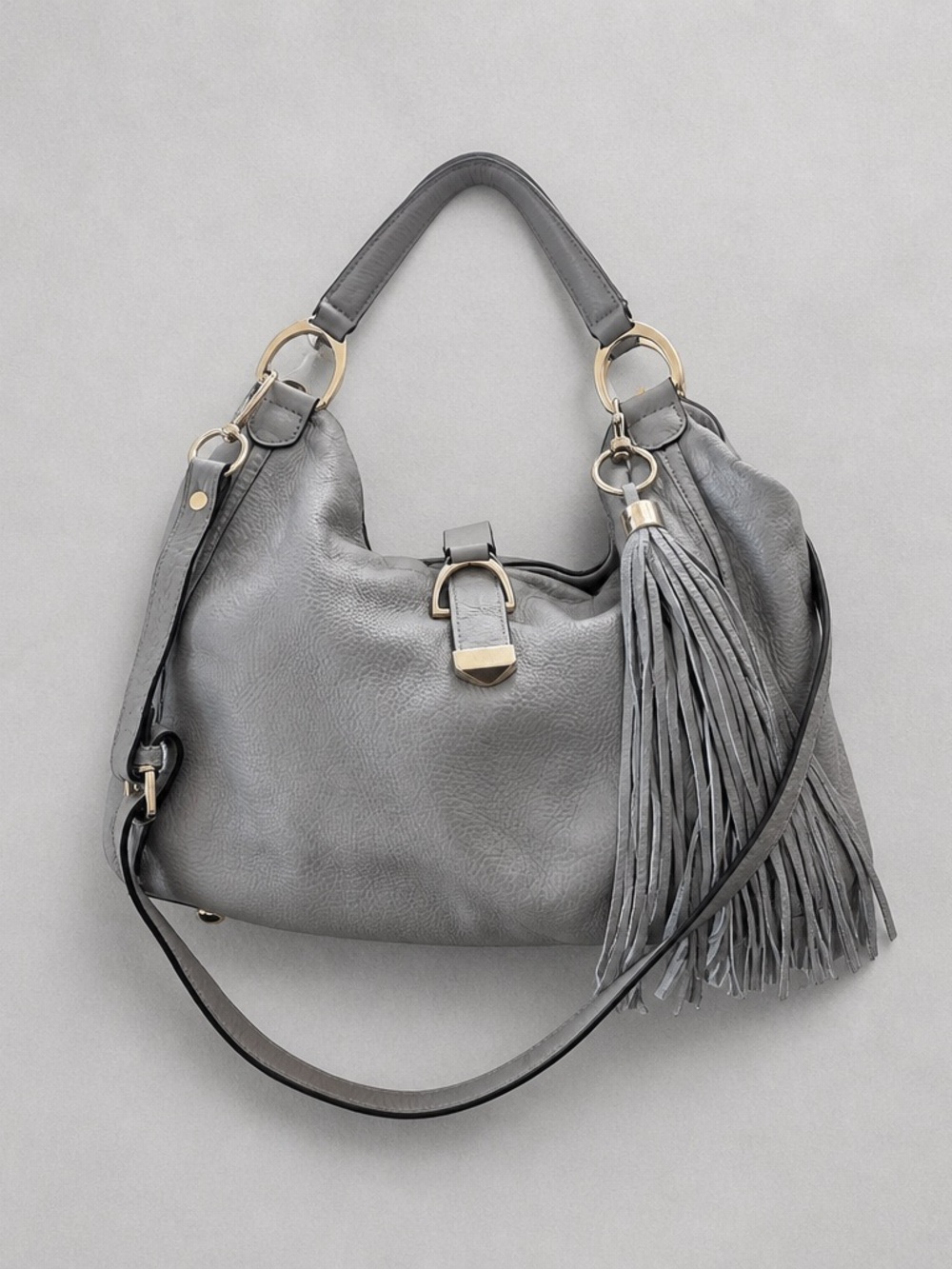 G.I.L.I. Stirrup Hobo Grey Leather Fringe Tassel Large Slouchy Shoulder Bag MINT - Picture 2 of 16